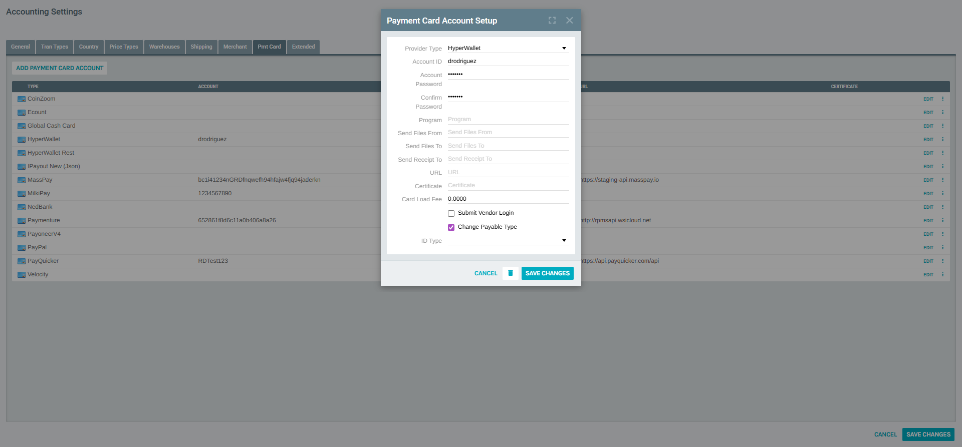 Edit Payment Card Account form showing HyperWallet configuration with all fields