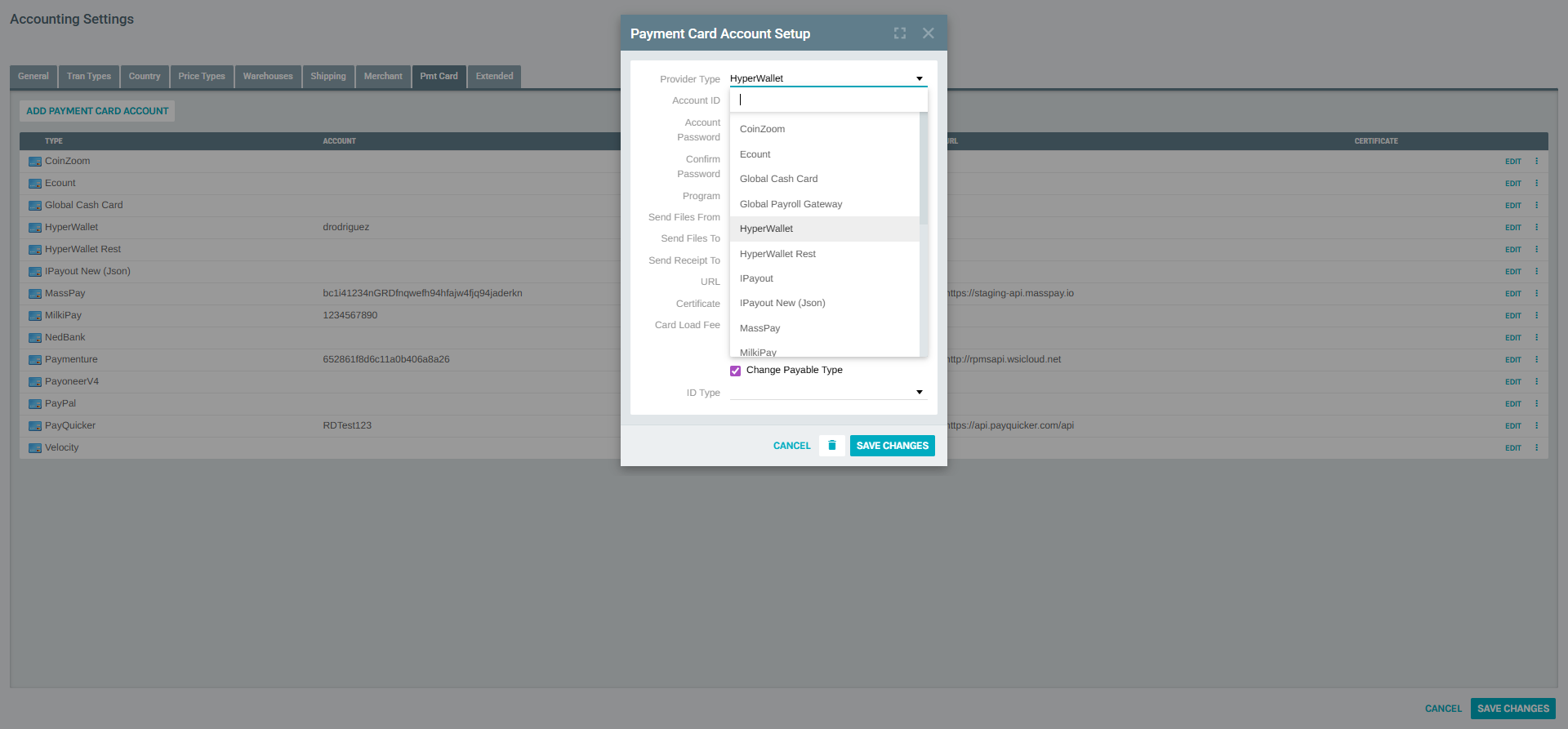 Provider Type dropdown showing all available payout integrations