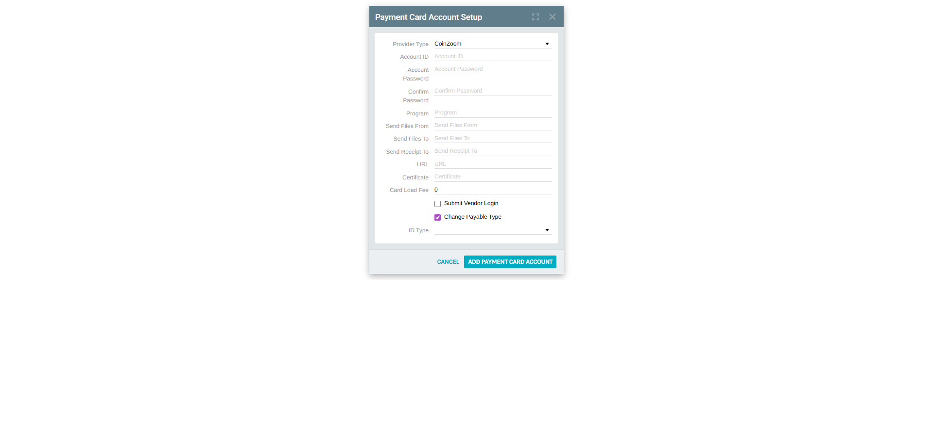Add Payment Card Account form with all configuration fields empty