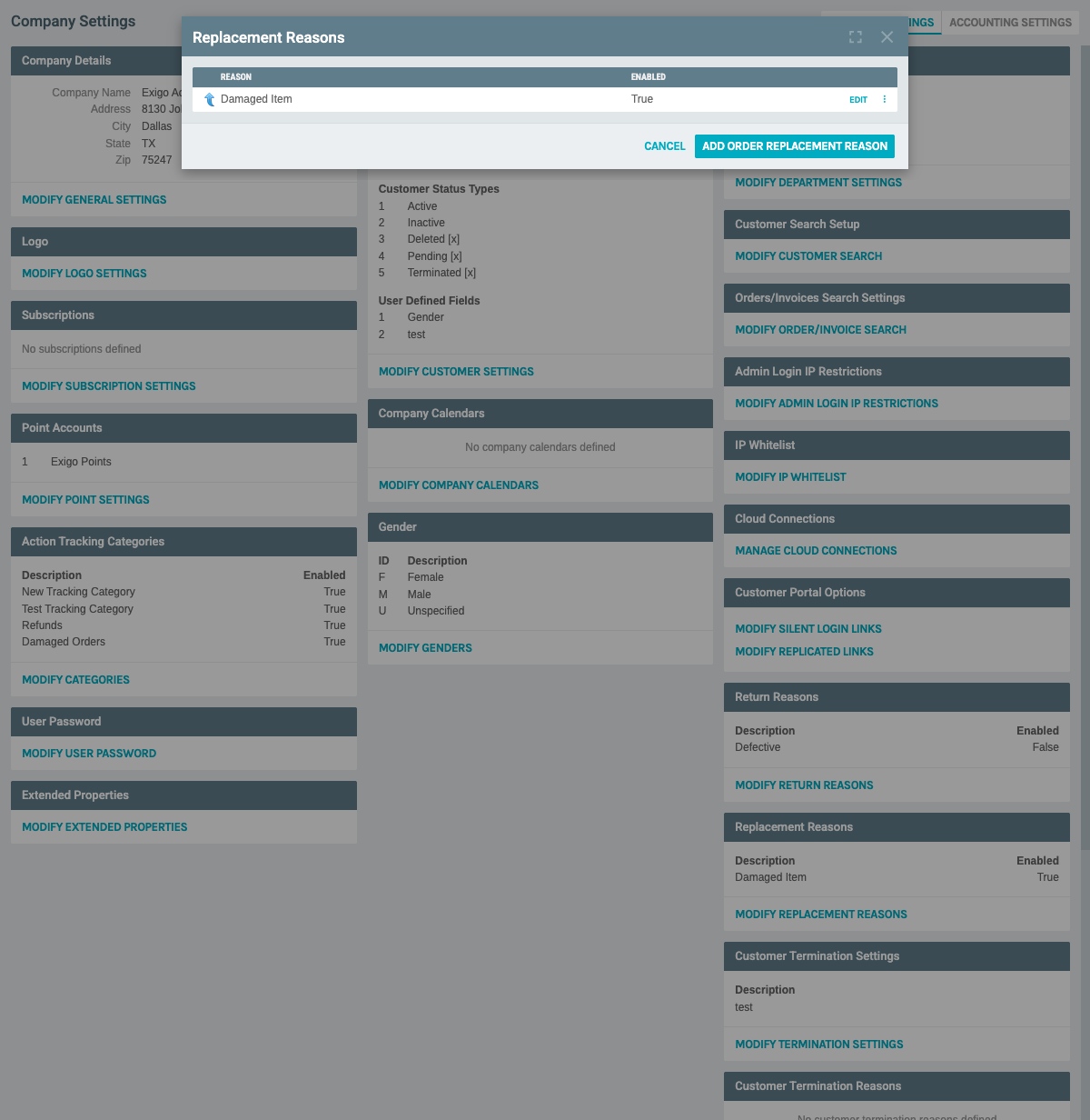 Replacement Reasons Management Page
