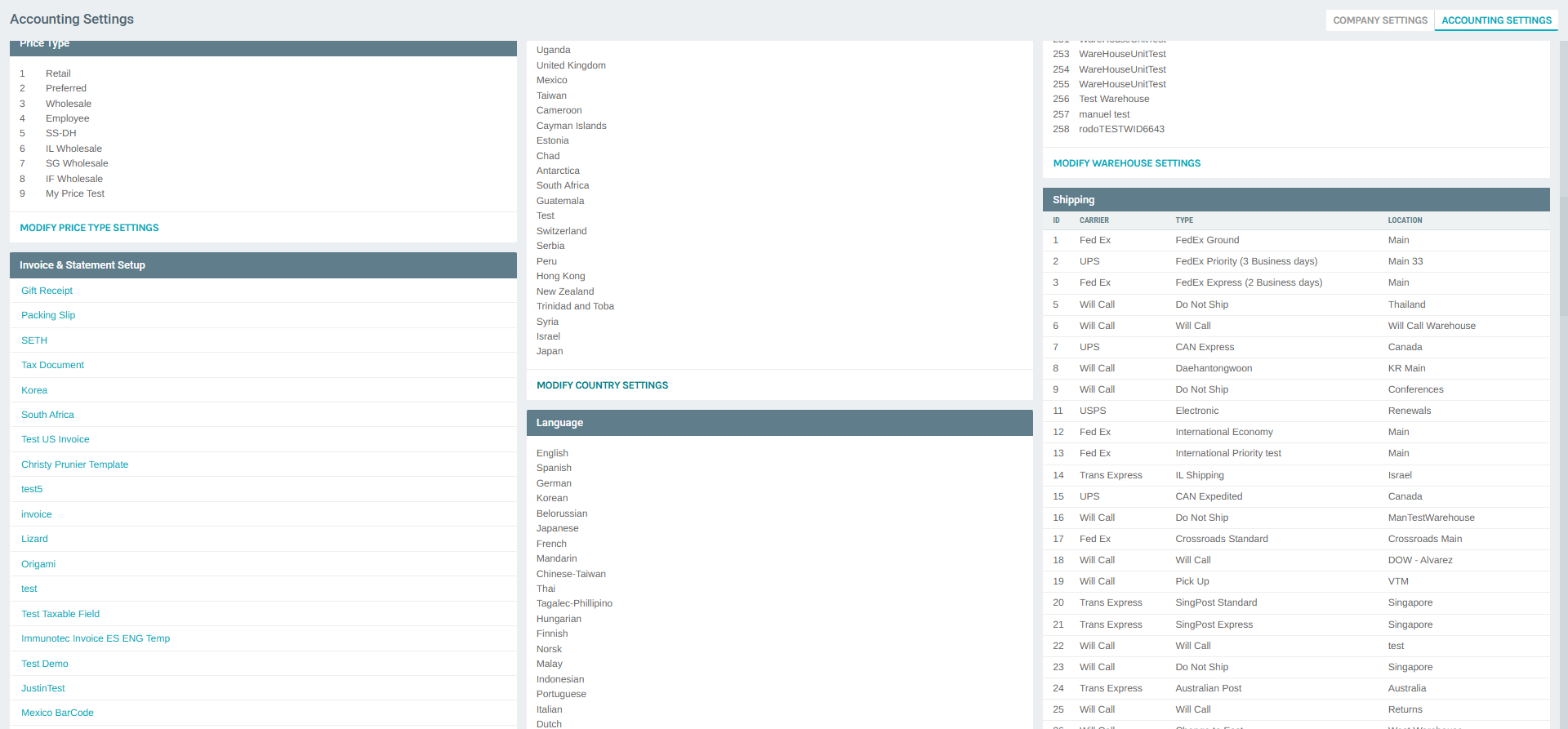 Accounting Settings - Country Section