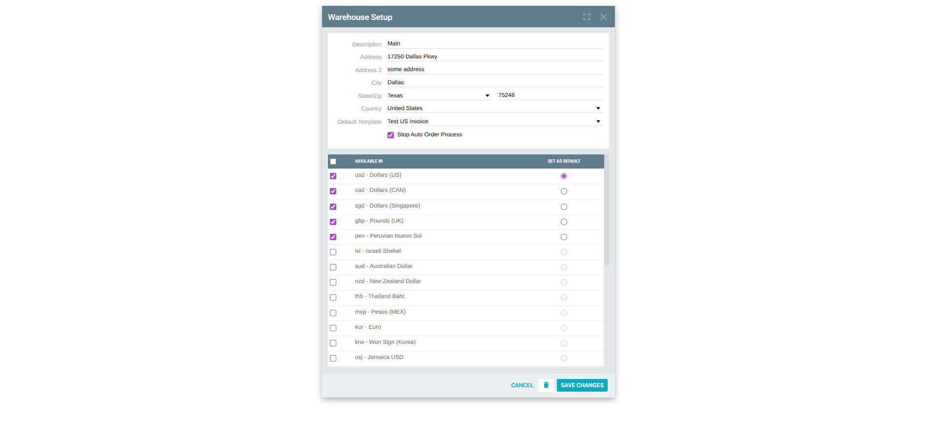 Main Warehouse Settings