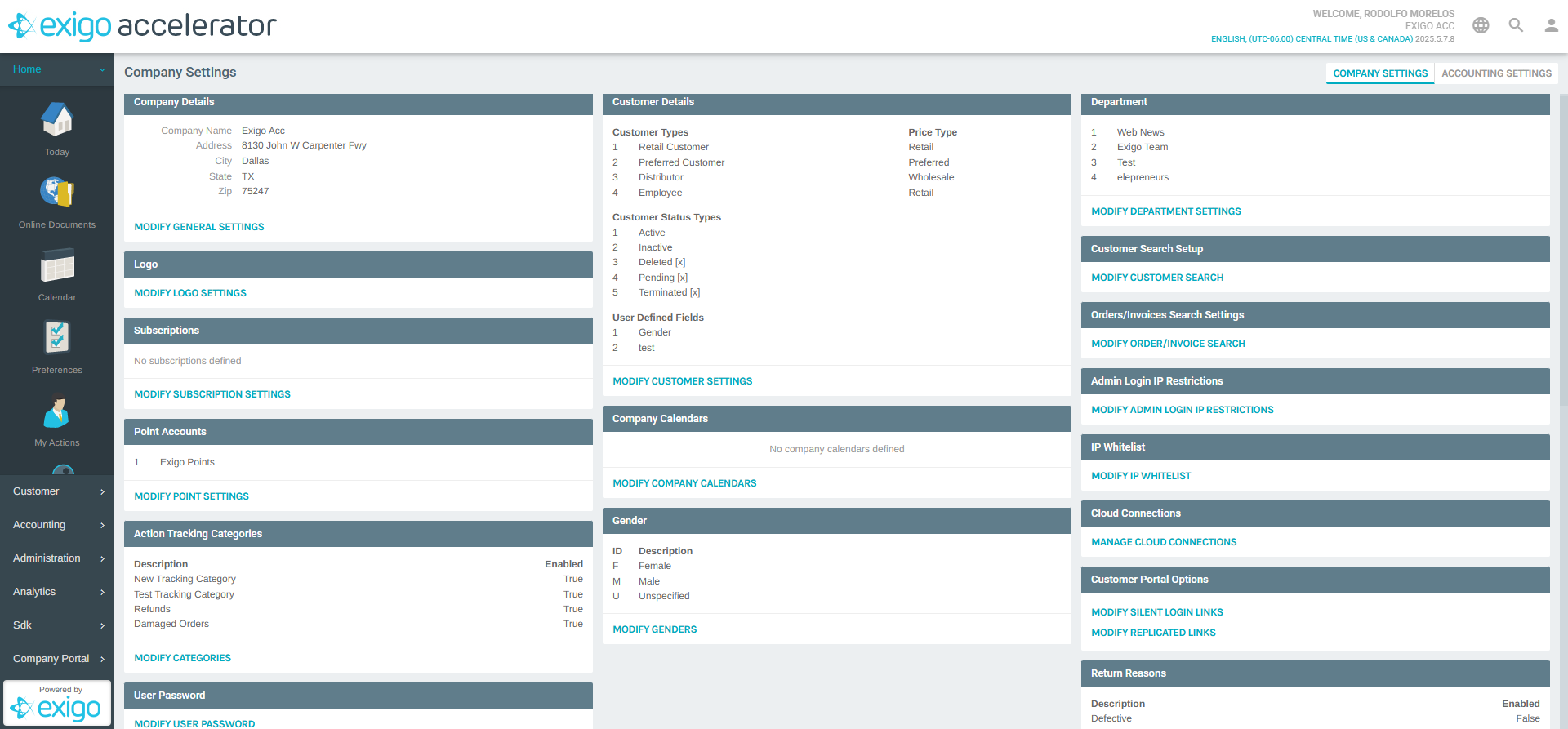 Department Section on Settings Page