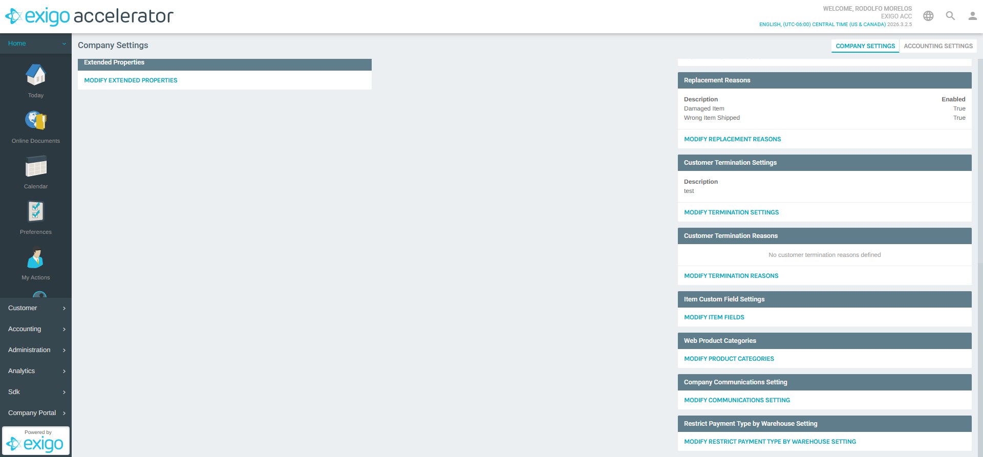 Settings Page - Web Product Categories Section